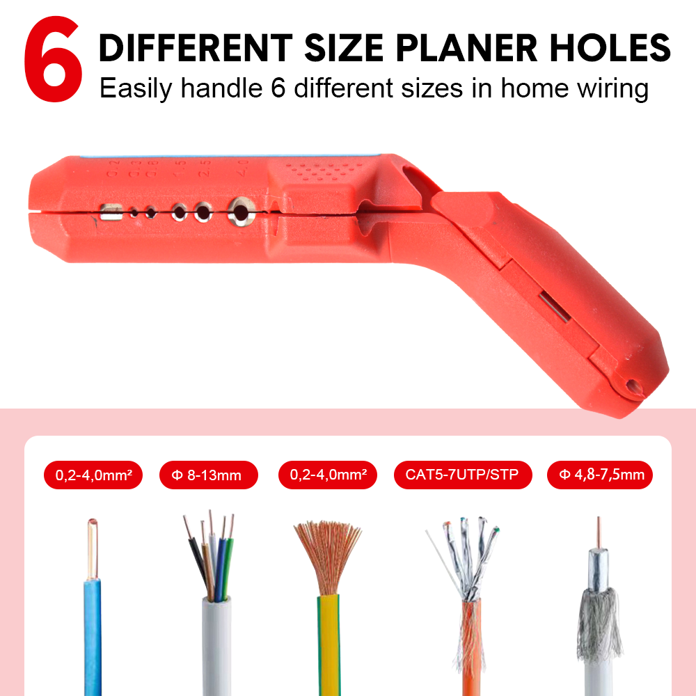 Wire Stripper Ergonomic Curved Handle Cable Stripping Splitting Cut Tool Wide Stripping Ranges Hand Tool with 6 Size Planer Holes for Electrical