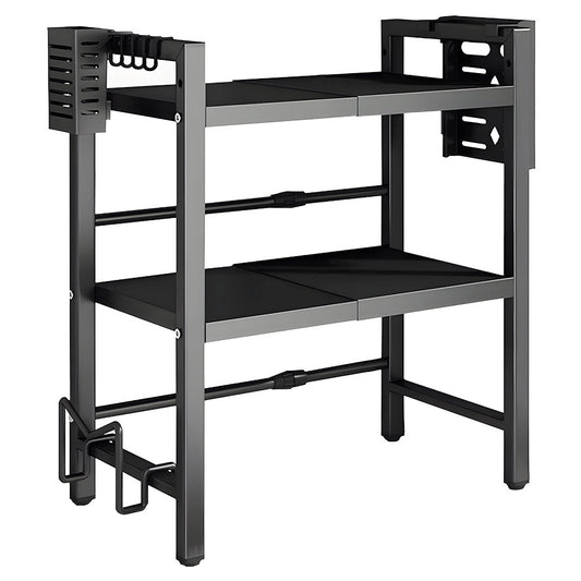 3-Tier Microwave Stand Oven Rack Height Adjustable and Extendable Stainless Steel Kitchen Storage Shelf With 6 Hook Over the Kitchen Counter Max Load 75Kgs