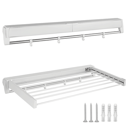 Alston Wall Mounted Drying Rack Clothes Airer Space Saver Folding Dryer Bearing Capacity 12KG Foldable Rail With Hooks Indoor Outdoor Balcony Laundry White