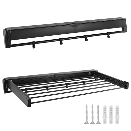 Alston Wall Mounted Drying Rack Black Clothes Airer Space Saver Folding Dryer Bearing Capacity 12KG Foldable Rail With Hooks Indoor Outdoor Balcony Laundry