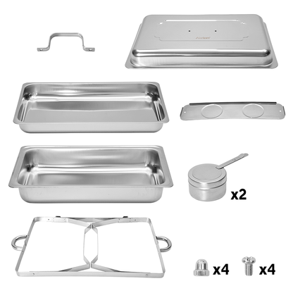 Alston 9Lx1 Food Buffet Warmer Pan Bain Marie Bow Chafing Dish Insulated Stainless Steel Stackable Tray Catering Food Server Set with Lid Party Banquet Dining