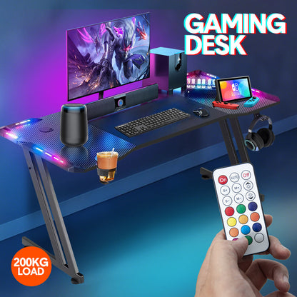 ALSTON 120cm Large Gaming Desk Computer Desk Z-Frame Racer Table with RGB Lights Cup Holder and Headphone Hook for Home Office Gaming Setup 120x60x73cm