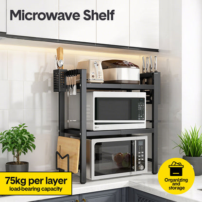 3-Tier Microwave Stand Oven Rack Height Adjustable and Extendable Stainless Steel Kitchen Storage Shelf With 6 Hook Over the Kitchen Counter Max Load 75Kgs