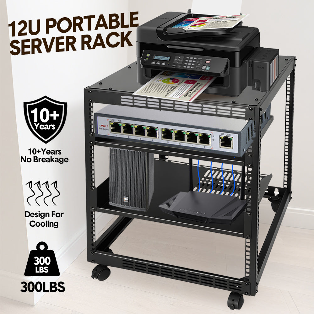 Alston 12U Server Rack Open Frame Free Standing or Wall Mountable 4-Post AV Rack  Strong Loading Capacity with Lockable Anti-skip Casters for IT Network