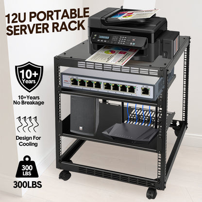 Alston 12U Server Rack Open Frame Free Standing or Wall Mountable 4-Post AV Rack  Strong Loading Capacity with Lockable Anti-skip Casters for IT Network