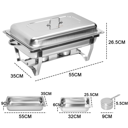 Alston 9L 4.5x2 Bain Marie Bow Food Buffet Warmer Pan Chafing Dish Stainless Steel Catering Warmer Set with Trays Lid Fuel Holder Party Banquet Dining