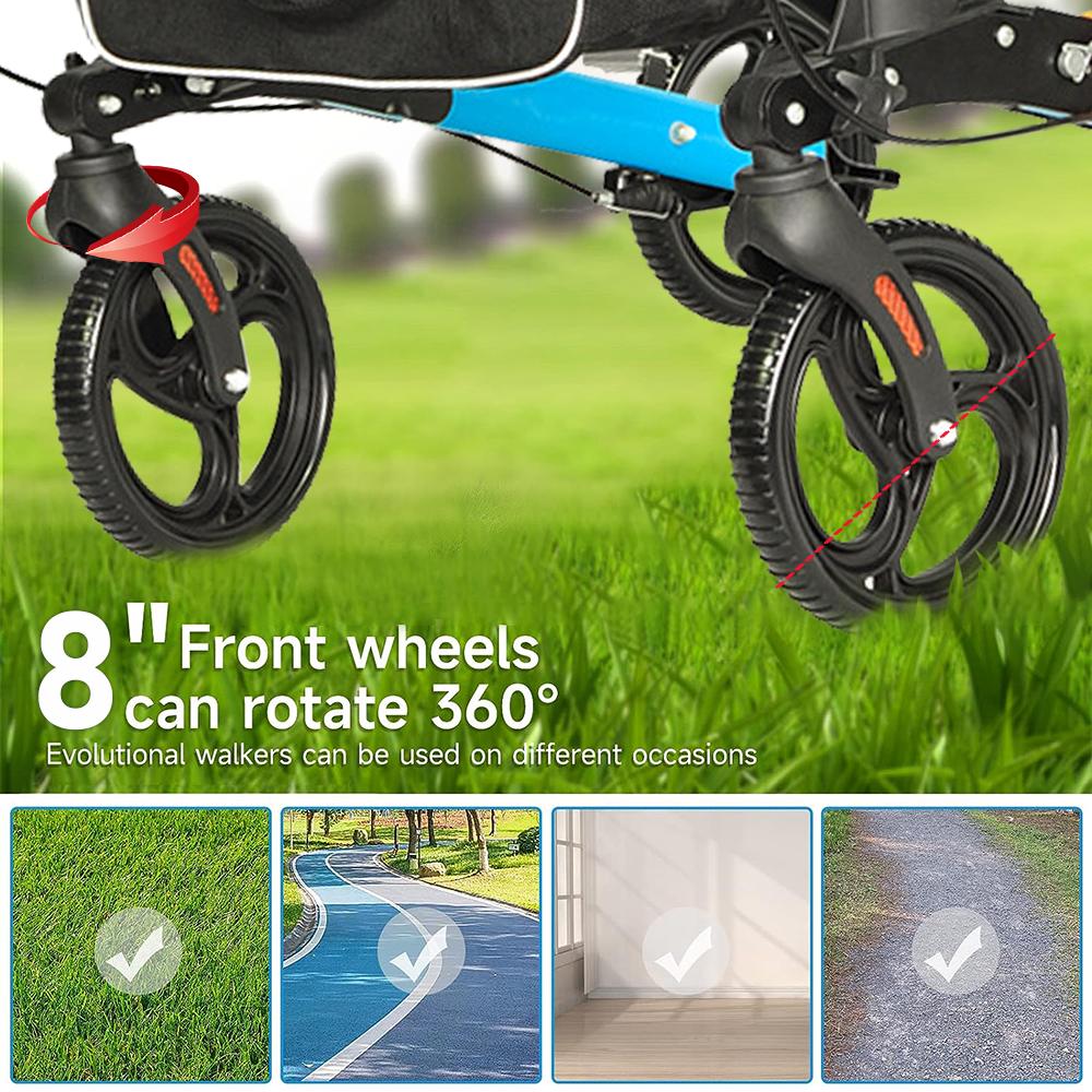 Alston 2 In 1 Foldable X-Fold Mobility Walker Rollator Chair Aid 8 Inch Wheel Max Load 136KG with Zippered Storage Bag for Elderly Seniors Indoor Outdoor Use