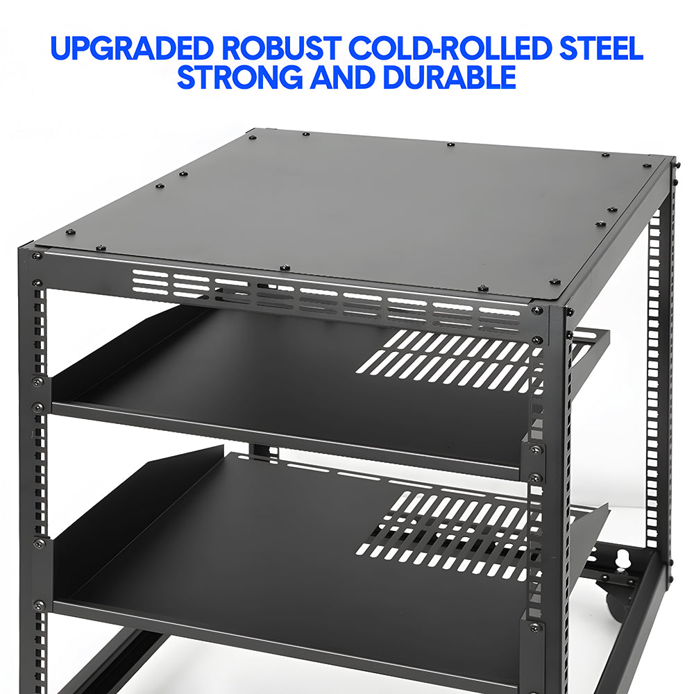 Alston 12U Server Rack Open Frame Free Standing or Wall Mountable 4-Post AV Rack  Strong Loading Capacity with Lockable Anti-skip Casters for IT Network