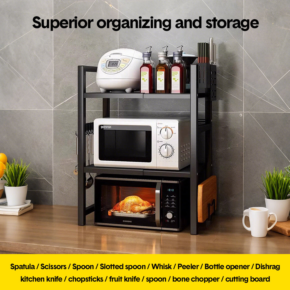 3-Tier Microwave Stand Oven Rack Height Adjustable and Extendable Stainless Steel Kitchen Storage Shelf With 6 Hook Over the Kitchen Counter Max Load 75Kgs