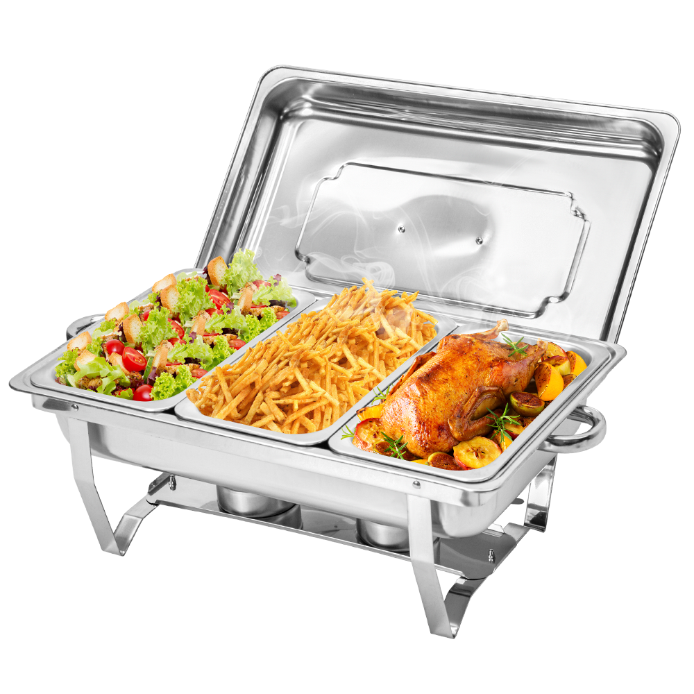 Alston 9L 3x3L Bain Marie Bow Food Buffet Warmer Pan Chafing Dish Stainless Steel Catering Warmer Set with Trays Lid Fuel Holder Party Banquet Dining