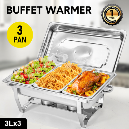 Alston 9L 3x3L Bain Marie Bow Food Buffet Warmer Pan Chafing Dish Stainless Steel Catering Warmer Set with Trays Lid Fuel Holder Party Banquet Dining