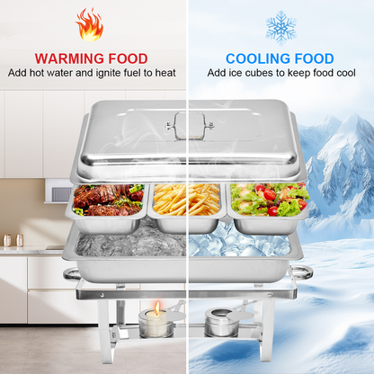 Alston 9L 3x3L Bain Marie Bow Food Buffet Warmer Pan Chafing Dish Stainless Steel Catering Warmer Set with Trays Lid Fuel Holder Party Banquet Dining