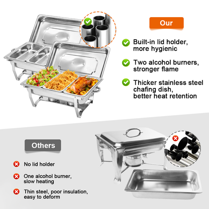 Alston 9L 3x3L Bain Marie Bow Food Buffet Warmer Pan Chafing Dish Stainless Steel Catering Warmer Set with Trays Lid Fuel Holder Party Banquet Dining