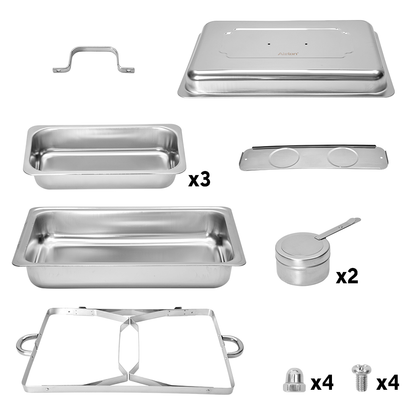Alston 9L 3x3L Bain Marie Bow Food Buffet Warmer Pan Chafing Dish Stainless Steel Catering Warmer Set with Trays Lid Fuel Holder Party Banquet Dining