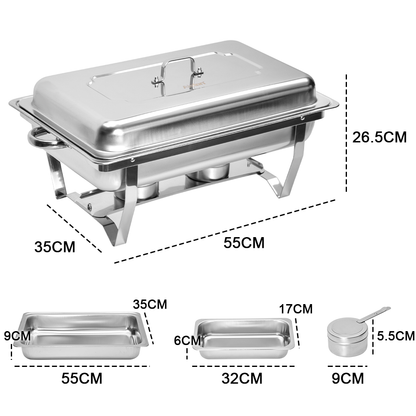 Alston 9L 3x3L Bain Marie Bow Food Buffet Warmer Pan Chafing Dish Stainless Steel Catering Warmer Set with Trays Lid Fuel Holder Party Banquet Dining