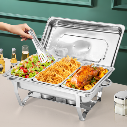 Alston 9L 3x3L Bain Marie Bow Food Buffet Warmer Pan Chafing Dish Stainless Steel Catering Warmer Set with Trays Lid Fuel Holder Party Banquet Dining