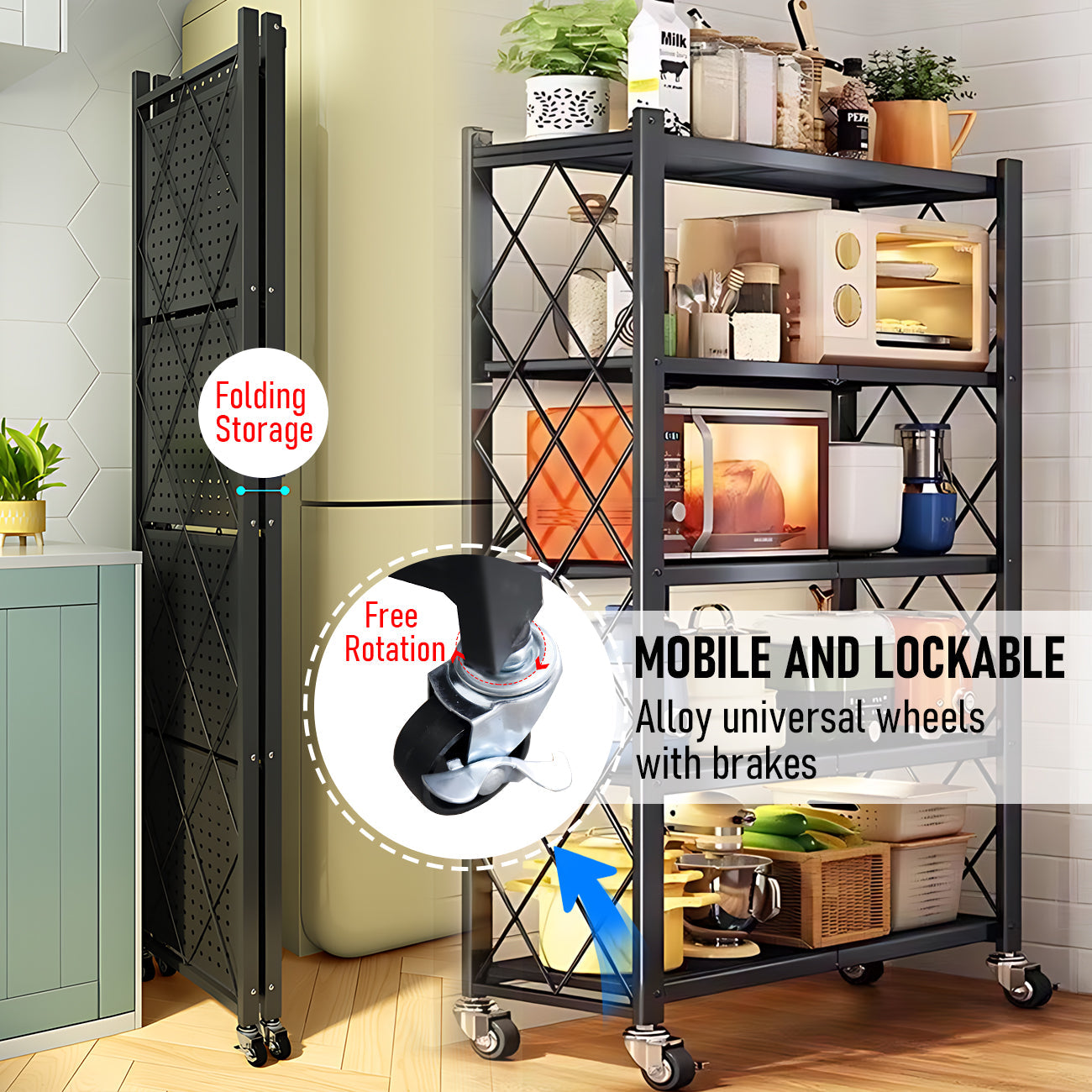 Alston 5 Tier Foldable Shelf Metal Display Rack Floor Standing Storage Capacity 100kg with Wheels for Commercial Retail Stores Bookcase Home Organizer Black