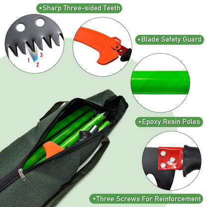 Alston 8M Extendable Manual Pole Pruner Tree Trimmer High Branch Saw Shearing Loppers Hand Portable With Storage Bag and 2 Saw Blades Portable Pruning Cutter