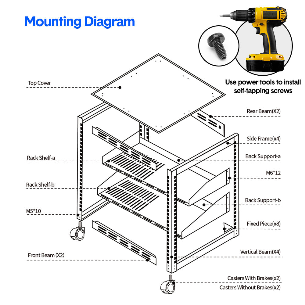 Alston 12U Server Rack Open Frame Free Standing or Wall Mountable 4-Post AV Rack  Strong Loading Capacity with Lockable Anti-skip Casters for IT Network