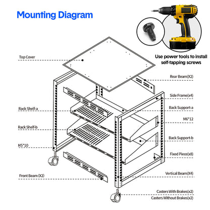 Alston 12U Server Rack Open Frame Free Standing or Wall Mountable 4-Post AV Rack  Strong Loading Capacity with Lockable Anti-skip Casters for IT Network