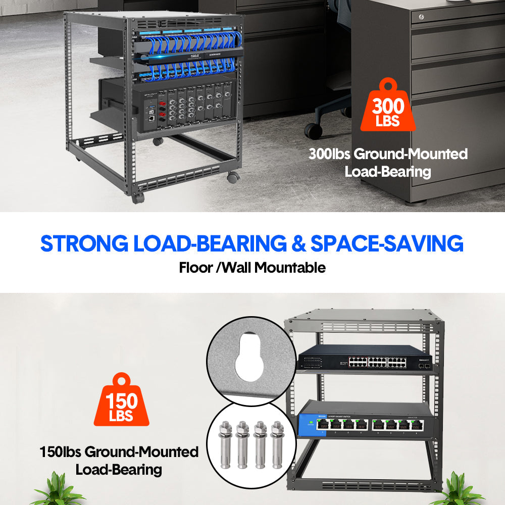 Alston 12U Server Rack Open Frame Free Standing or Wall Mountable 4-Post AV Rack  Strong Loading Capacity with Lockable Anti-skip Casters for IT Network