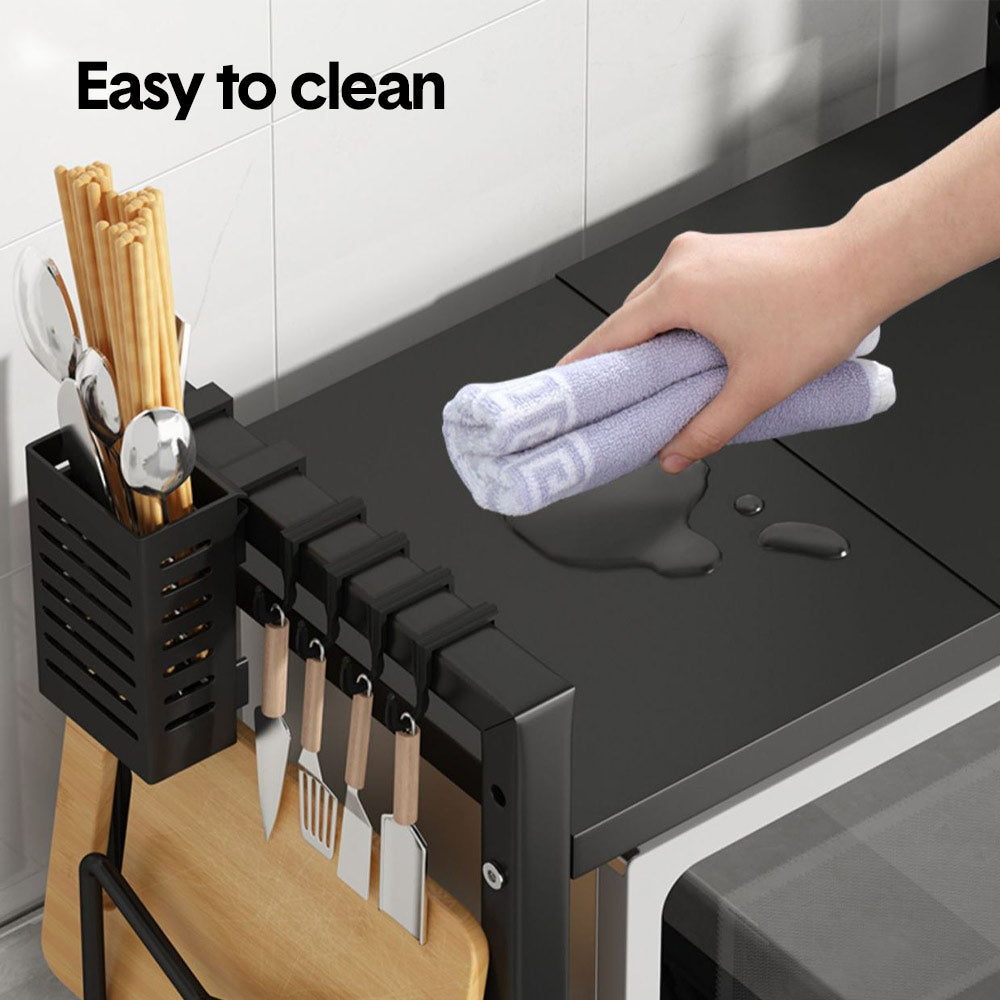 3-Tier Microwave Stand Oven Rack Height Adjustable and Extendable Stainless Steel Kitchen Storage Shelf With 6 Hook Over the Kitchen Counter Max Load 75Kgs