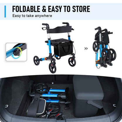 Alston 2 In 1 Foldable X-Fold Mobility Walker Rollator Chair Aid 8 Inch Wheel Max Load 136KG with Zippered Storage Bag for Elderly Seniors Indoor Outdoor Use
