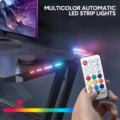 ALSTON 120cm Large Gaming Desk Computer Desk Z-Frame Racer Table with RGB Lights Cup Holder and Headphone Hook for Home Office Gaming Setup 120x60x73cm