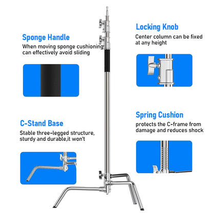 Alston 3.3m Heavy-Duty Stainless Steel C-Stand with Boom Arm Grip Head Adjustable Light Stand for Photograph Studio Reflectors Softbox Moonlight with Sandbag
