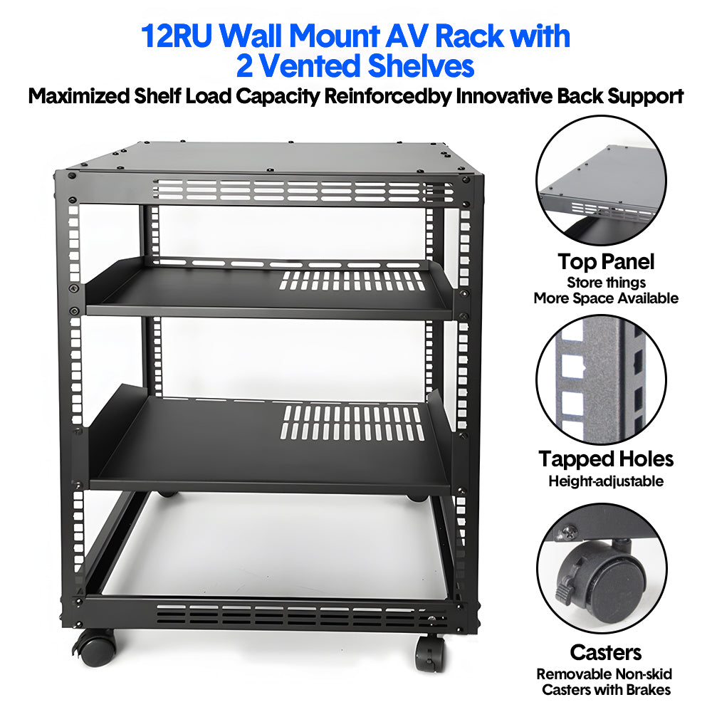 Alston 12U Server Rack Open Frame Free Standing or Wall Mountable 4-Post AV Rack  Strong Loading Capacity with Lockable Anti-skip Casters for IT Network