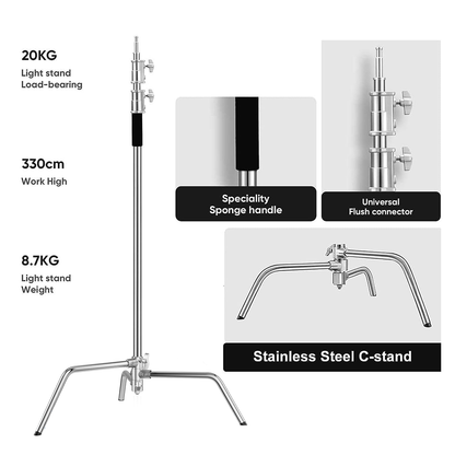 Alston 3.3m Heavy-Duty Stainless Steel C-Stand with Boom Arm Grip Head Adjustable Light Stand for Photograph Studio Reflectors Softbox Moonlight with Sandbag