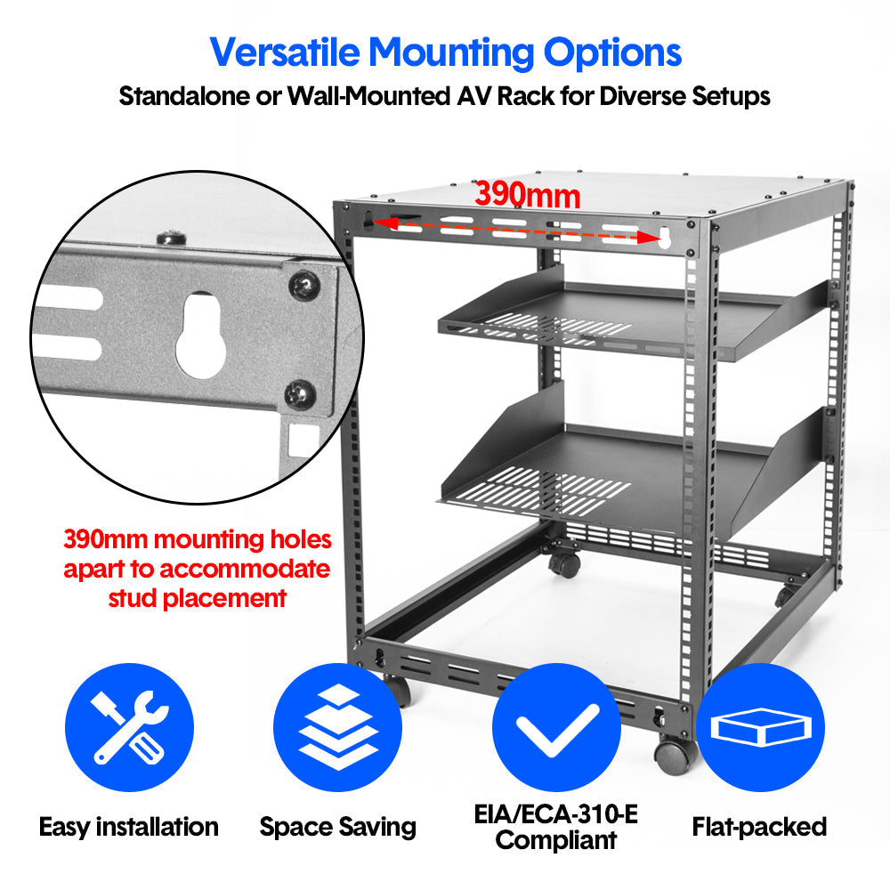 Alston 12U Server Rack Open Frame Free Standing or Wall Mountable 4-Post AV Rack  Strong Loading Capacity with Lockable Anti-skip Casters for IT Network