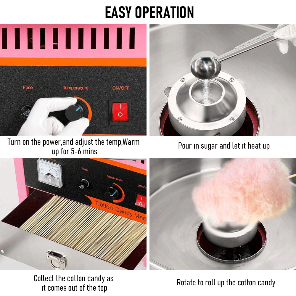 Alston 1000W Commercial Electric Cotton Candy Machine Sugar Fairy Floss Maker For Family Party with Stainless Steel Bowl Storage Drawer Pink Color