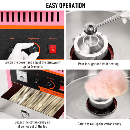 Alston 1000W Commercial Electric Cotton Candy Machine Sugar Fairy Floss Maker For Family Party with Stainless Steel Bowl Storage Drawer Pink Color