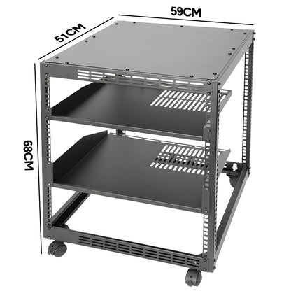 Alston 12U Server Rack Open Frame Free Standing or Wall Mountable 4-Post AV Rack  Strong Loading Capacity with Lockable Anti-skip Casters for IT Network