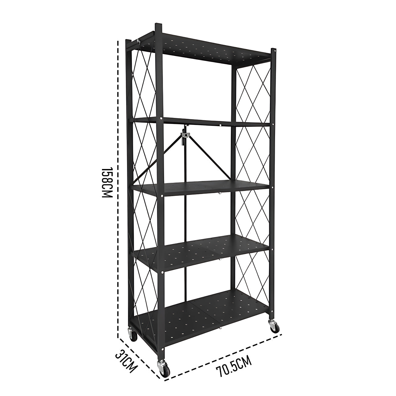Alston 5 Tier Foldable Shelf Metal Display Rack Floor Standing Storage Capacity 100kg with Wheels for Commercial Retail Stores Bookcase Home Organizer Black