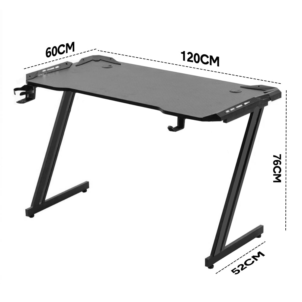 ALSTON 120cm Large Gaming Desk Computer Desk Z-Frame Racer Table with RGB Lights Cup Holder and Headphone Hook for Home Office Gaming Setup 120x60x73cm