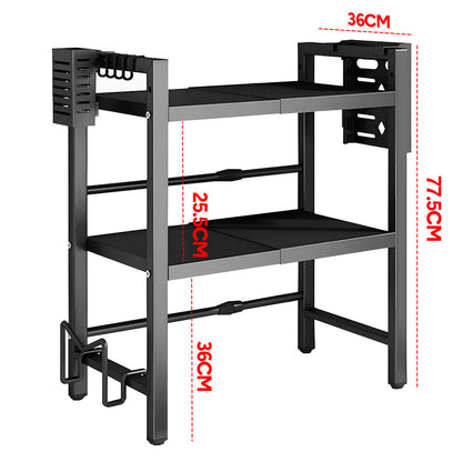 3-Tier Microwave Stand Oven Rack Height Adjustable and Extendable Stainless Steel Kitchen Storage Shelf With 6 Hook Over the Kitchen Counter Max Load 75Kgs