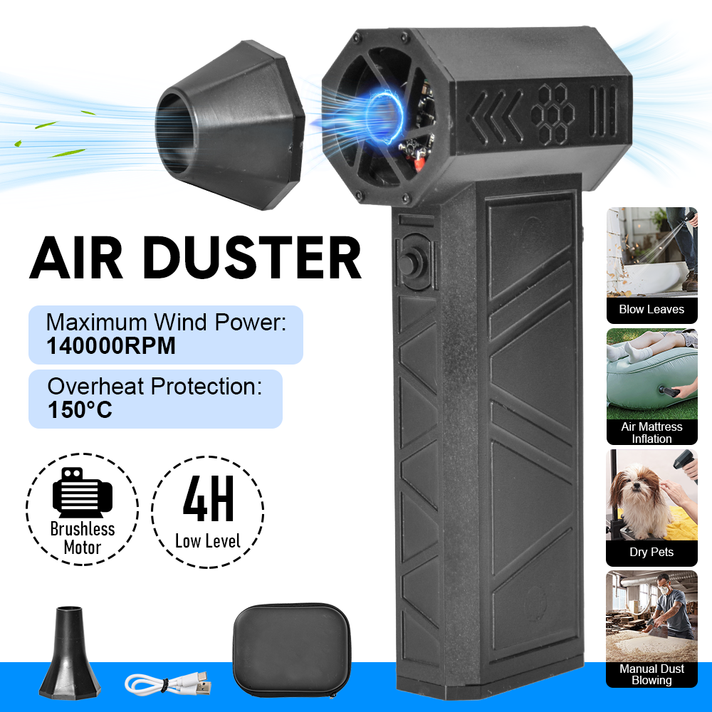 Turbo Air Duster 140000RPM 4 Hour Duration Powerful Mini Handheld Fan Rechargeable Dust Blower Adjustable Speed 2x4000mAh Battery for Home Outdoor Car