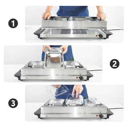 Alston Food Warmer Buffet Electric Server Variable Temperature Control Stainless Steel 2.5L x3 Tray Bain Marie With Lid For Catering Party Banquet Dining