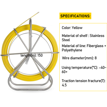 Alston 8mm 150M Fish Tape Puller Fiberglass Rodder with Steel Reel Cage Guiding Cable Duct Rodder Snake Copper Wire Telstra NBN Tool Non-Conduct