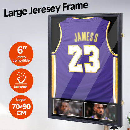 Large Jersey Display Frame Clear Jersey Showcase Box Wall Mounted Lockable Cabinet with 98% UV Protection Acrylic and Hanger for Sports Shirts 90x70cm