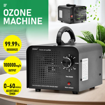 100W 0zone Generator 100000mg/h High Output Capacity O3 Air Purifier Ozone Machine with Adjustable Timer Odor Removal for Home Office Pet Smoke Black