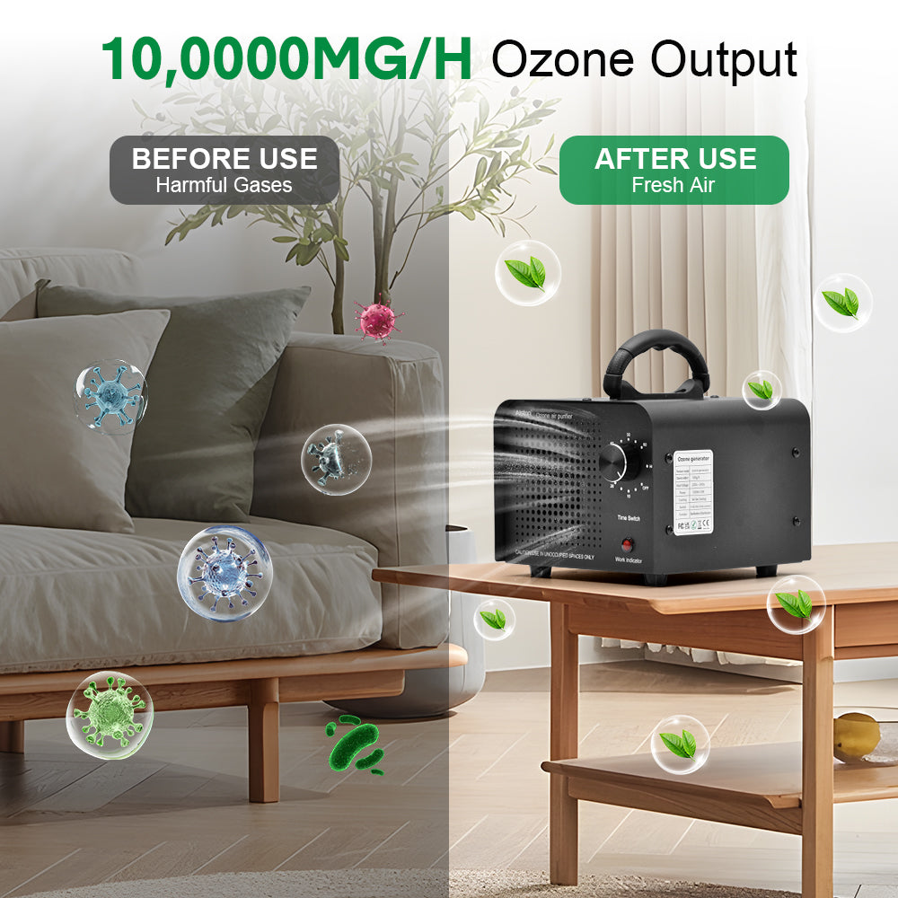 100W 0zone Generator 100000mg/h High Output Capacity O3 Air Purifier Ozone Machine with Adjustable Timer Odor Removal for Home Office Pet Smoke Black
