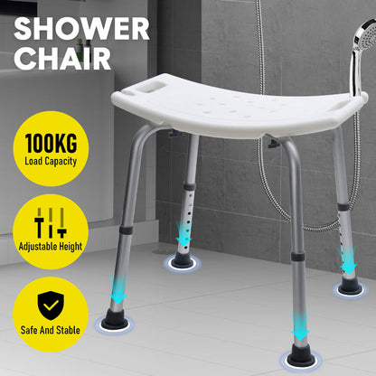 Shower Chair Stable Non-Slip Bath Seat 37-52cm Height Adjustable with Shower Holder and Armrest for Elderly Medical Disabled Safety Bathroom Max Load 100kg